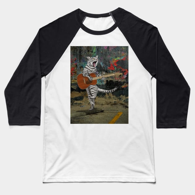 Buskers Acousti-Cat Guitar Baseball T-Shirt by Dual Rogue